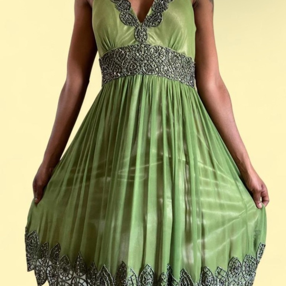 Adrianna Papell Green Embellished Midi Dress